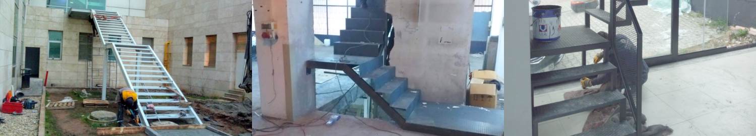 3 farklı çelik merdiven görseli kolaj halinde  Sanayi tesisi içinde 