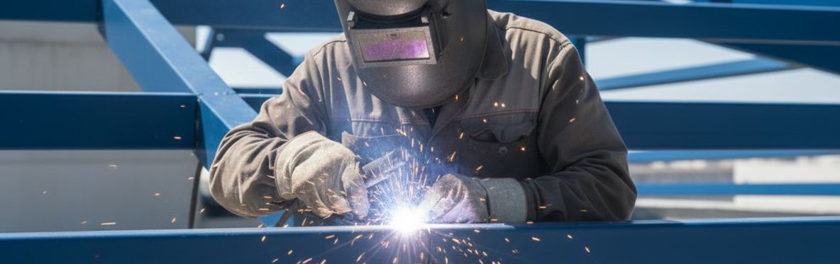 çelik çatı profillerine elektrot kaynağı ile birleştirme işlemi yapan çalışan 