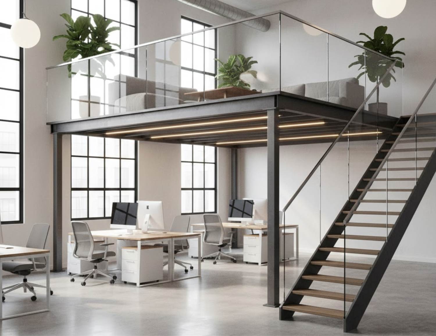 çelik konstrüksiyon asma kat ile kullanım alanı artırılmış modern bir ofis